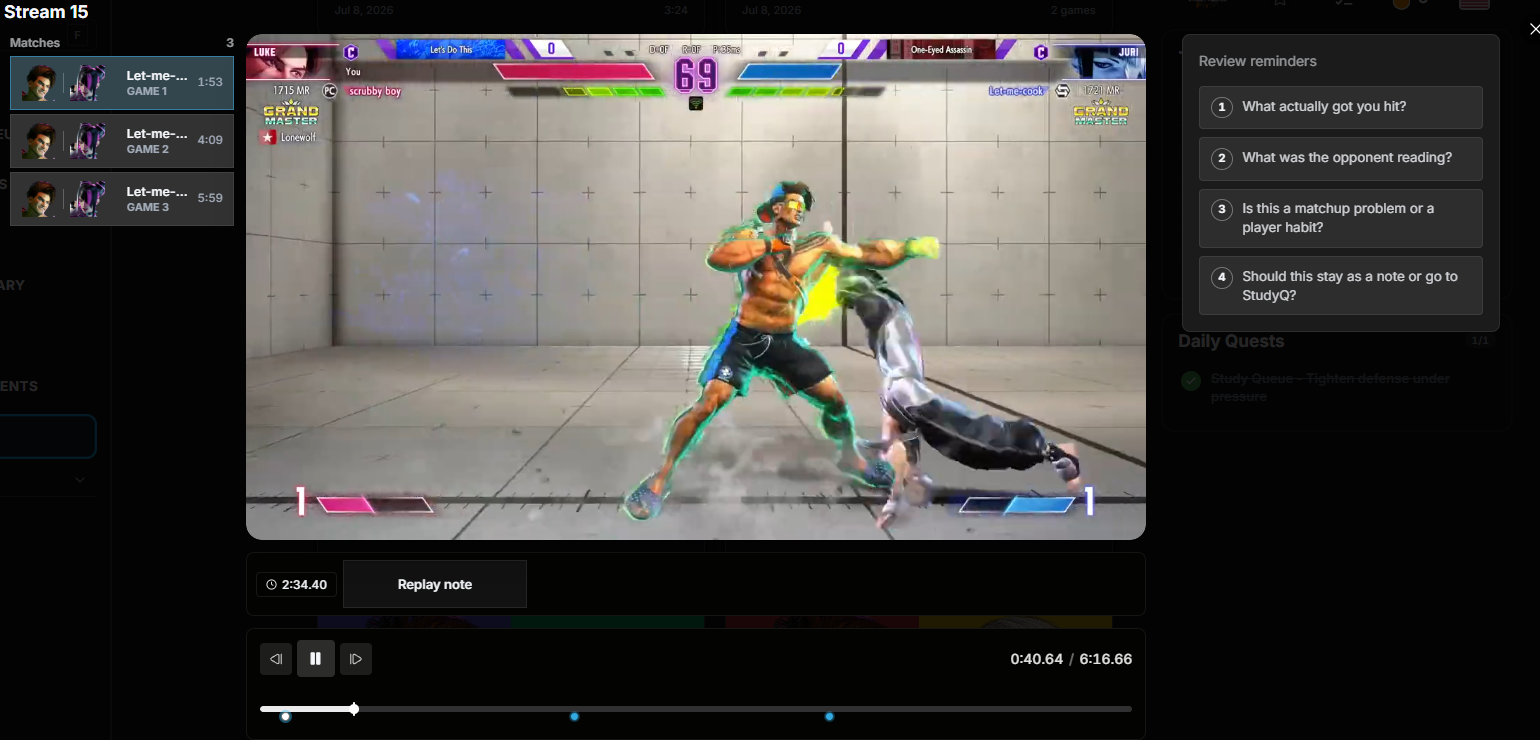 FighterCenter replay review workspace with selected match, video player, timestamp controls, and review reminders