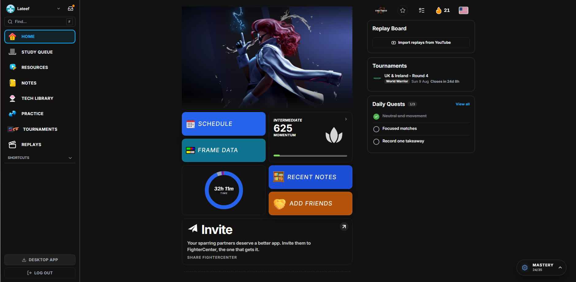 FighterCenter home dashboard showing mastery progress, daily quests, and study tools