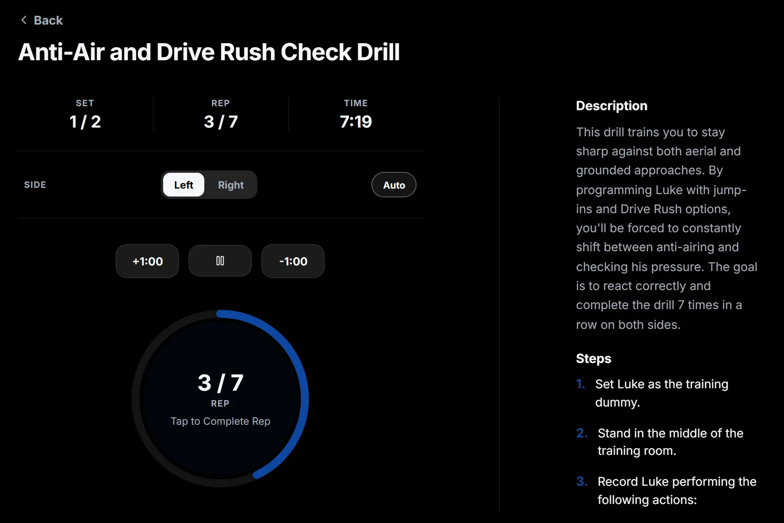 Anti-Air and Drive Rush Check Drill in progress on set 1 of 2, rep 3 of 7, with the timer and side controls.