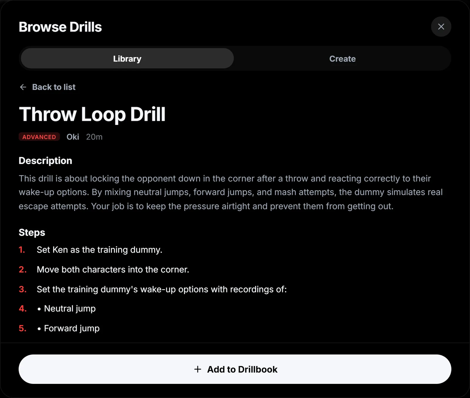 Browse Drills window showing the Throw Loop Drill description, steps and Add to Drillbook.