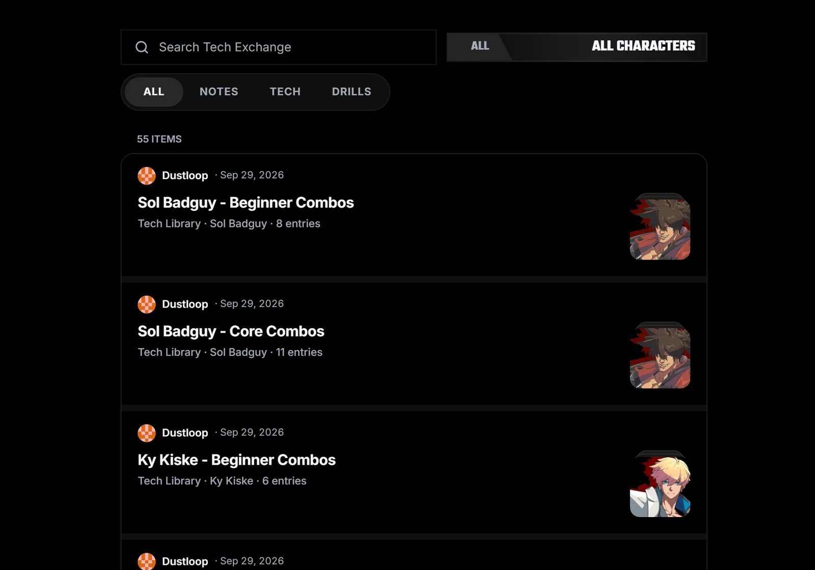 Tech Exchange for Guilty Gear Strive listing Dustloop Beginner and Core Combos collections.
