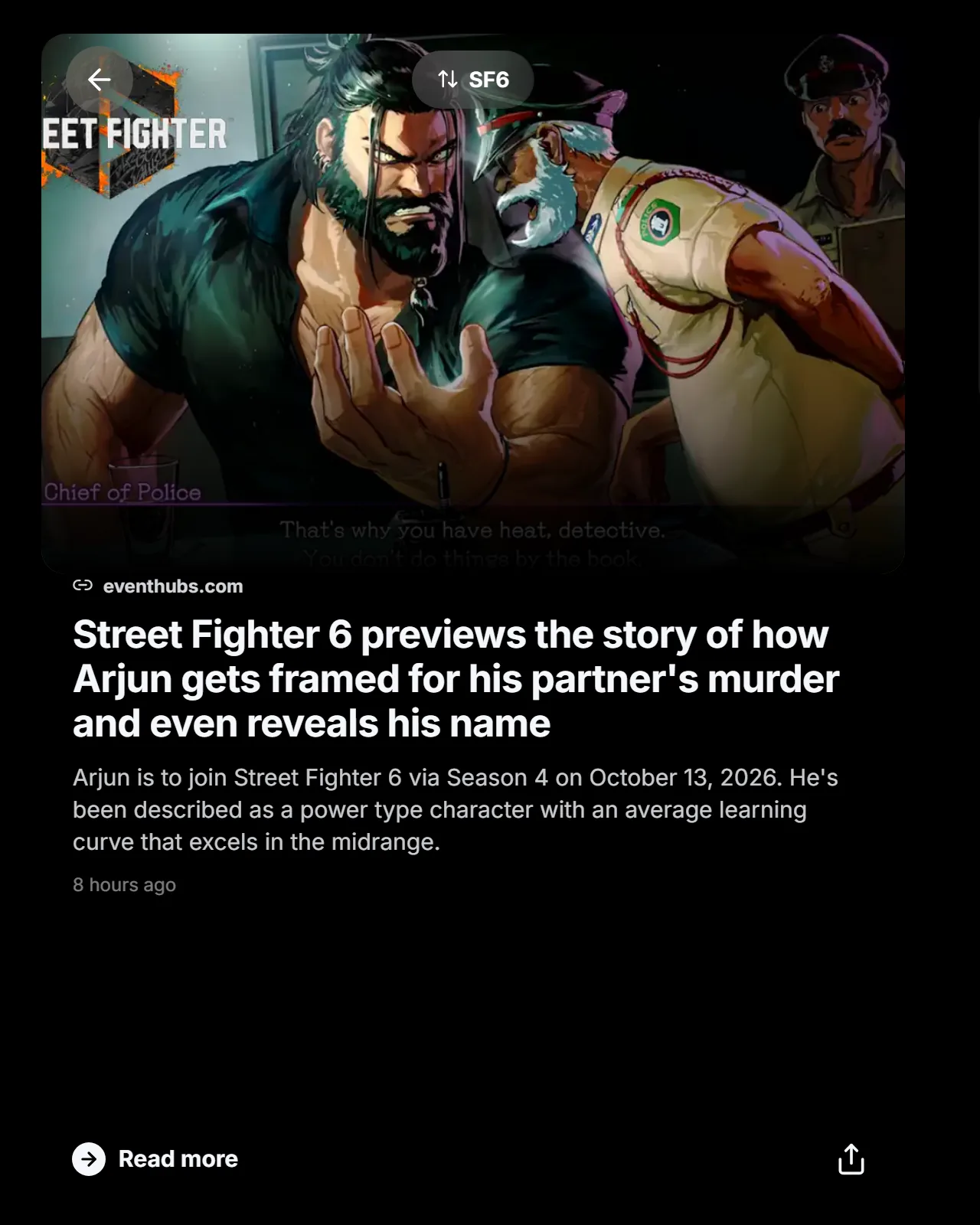 FGC News story for Street Fighter 6 with a Read more link.