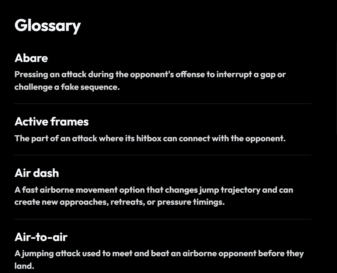 Glossary page listing Abare, Active frames, Air dash and Air-to-air.