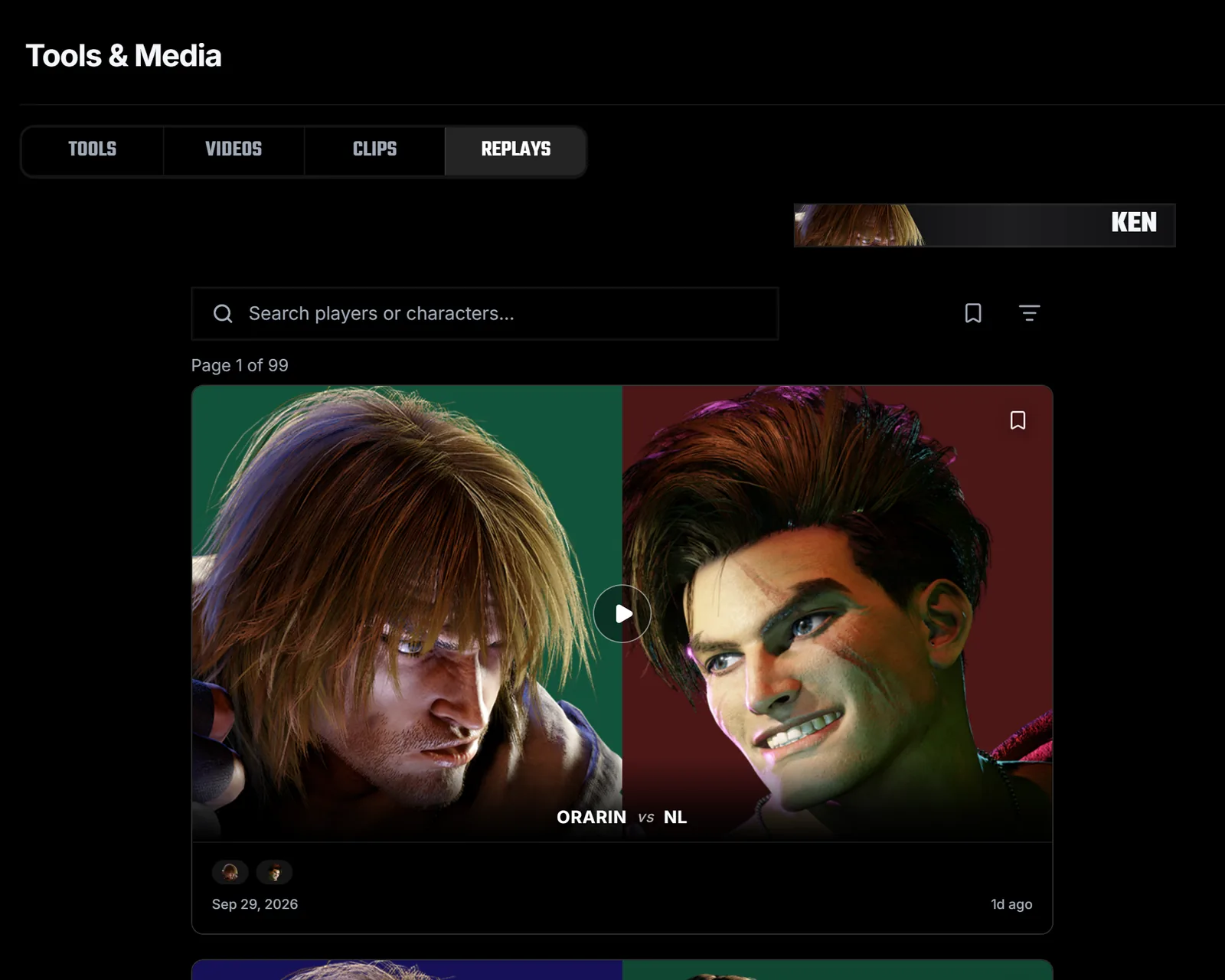 Tools & Media on the Replays tab with a Ken versus Luke pro replay.