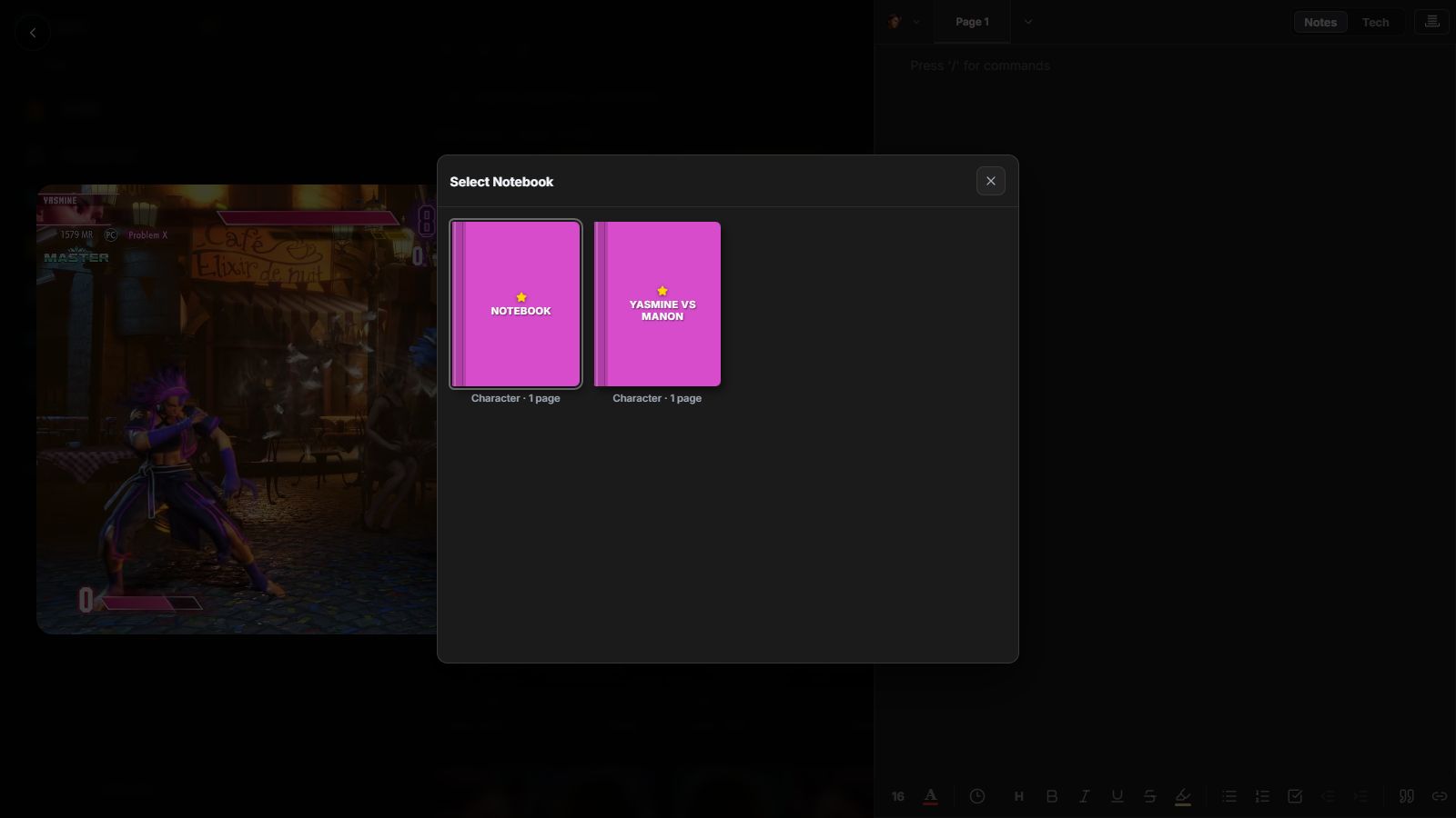 Real replay workspace showing the Yasmine Primary Notebook and Yasmine versus Manon matchup notebook.