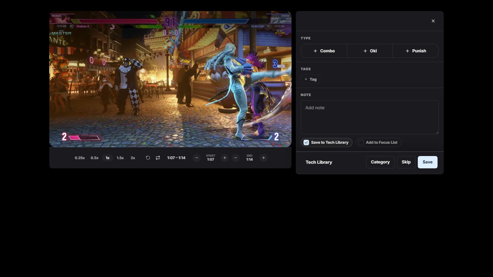 Real FighterCenter timestamp preview showing Yasmine versus Manon gameplay, a 1 minute 7 second to 1 minute 14 second video reference, and the timestamp controls.