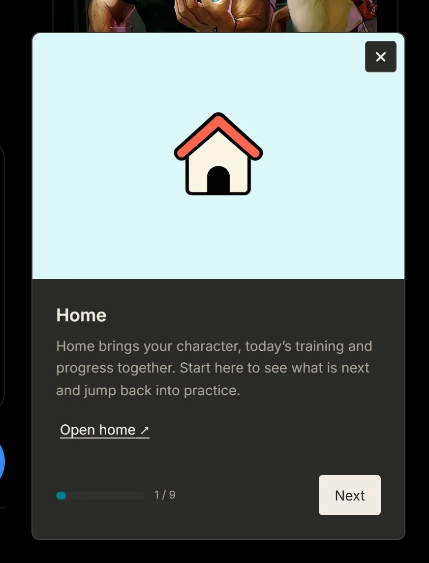 FighterCenter Quick tour card for Home with Open home and Next.
