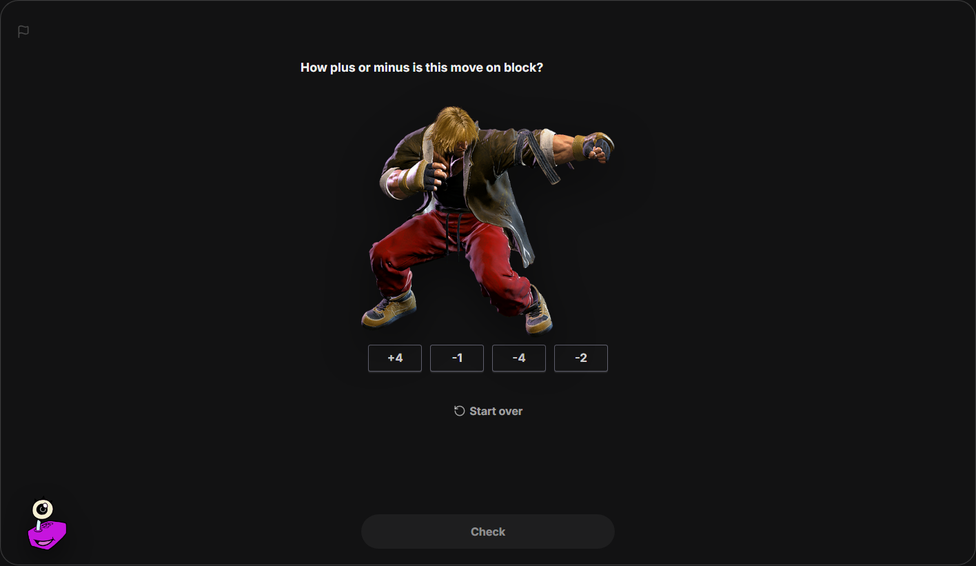 Street Fighter 6 on-block quiz showing a Ken move with four frame-value answers.
