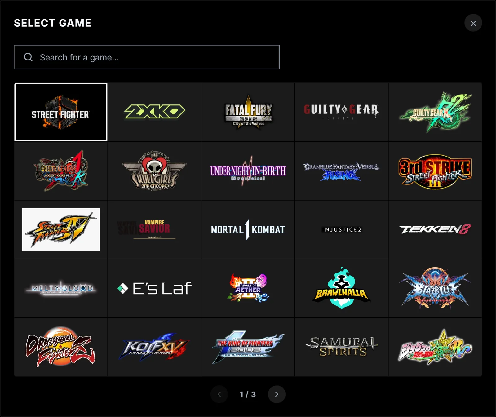 Select Game window with Street Fighter 6, 2XKO, Fatal Fury, Guilty Gear Strive, Tekken 8 and other games.