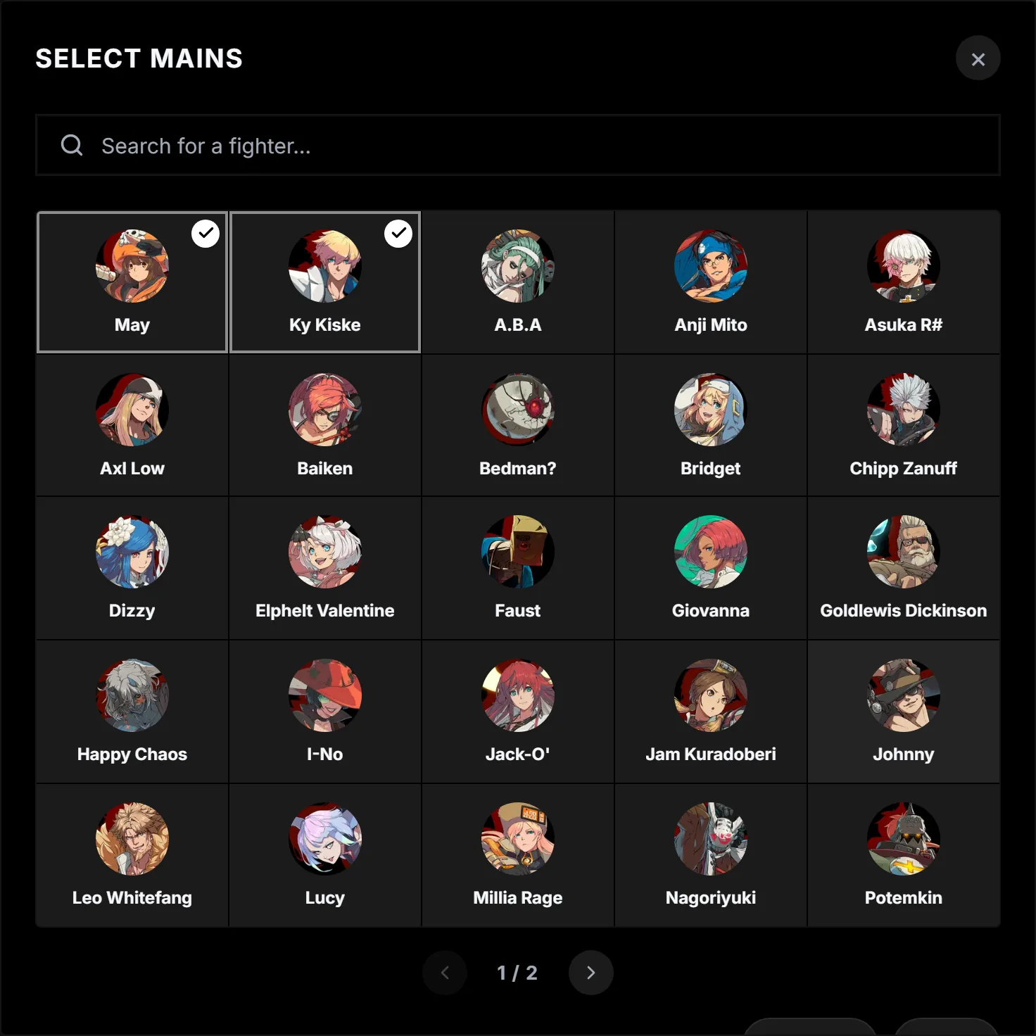 Select Mains window for Guilty Gear Strive with May and Ky Kiske selected.