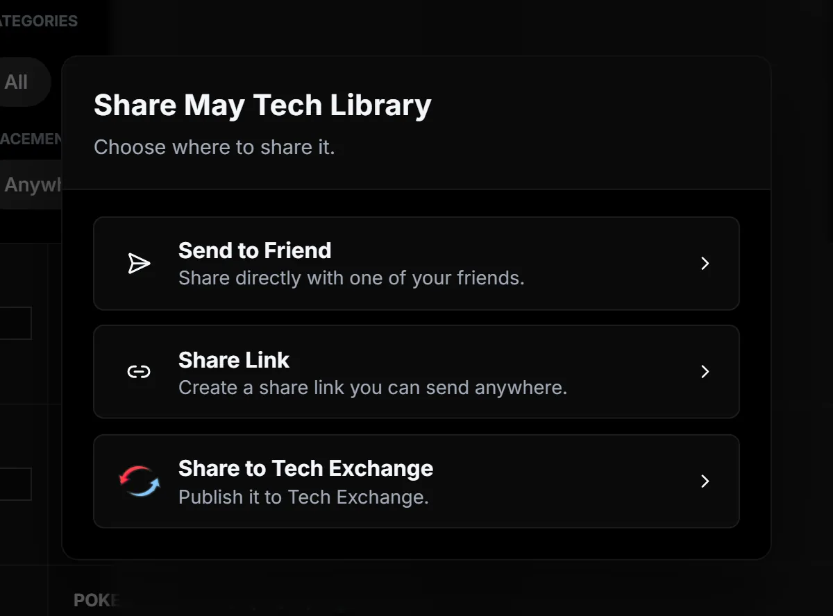 Share May Tech Library window with Send to Friend, Share Link and Share to Tech Exchange.