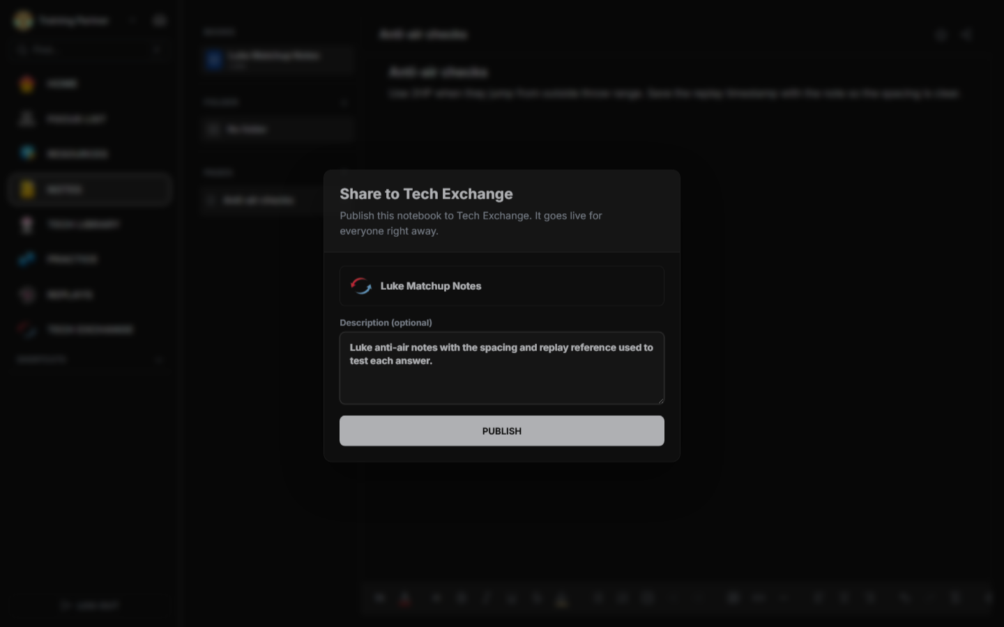 Share to Tech Exchange dialog for Luke Matchup Notes with a practical description and Publish button.