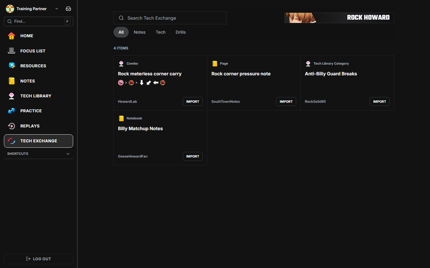 Tech Exchange showing Rock Howard notes and tech with search, content filters, creators, and Import buttons.