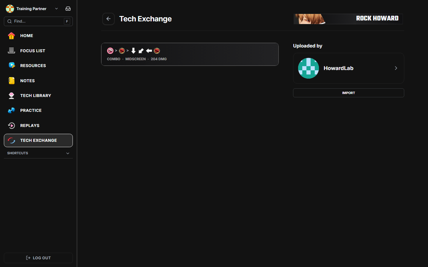 A Tech Exchange combo entry showing its notation, location, damage, creator, and Import button.