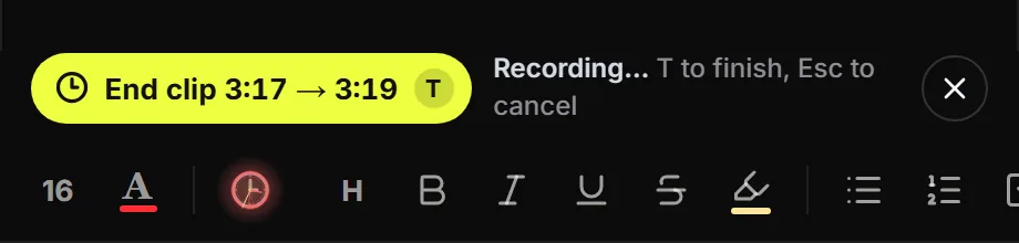 Timestamp button recording a clip from 3:17 with the hint T to finish, Esc to cancel.