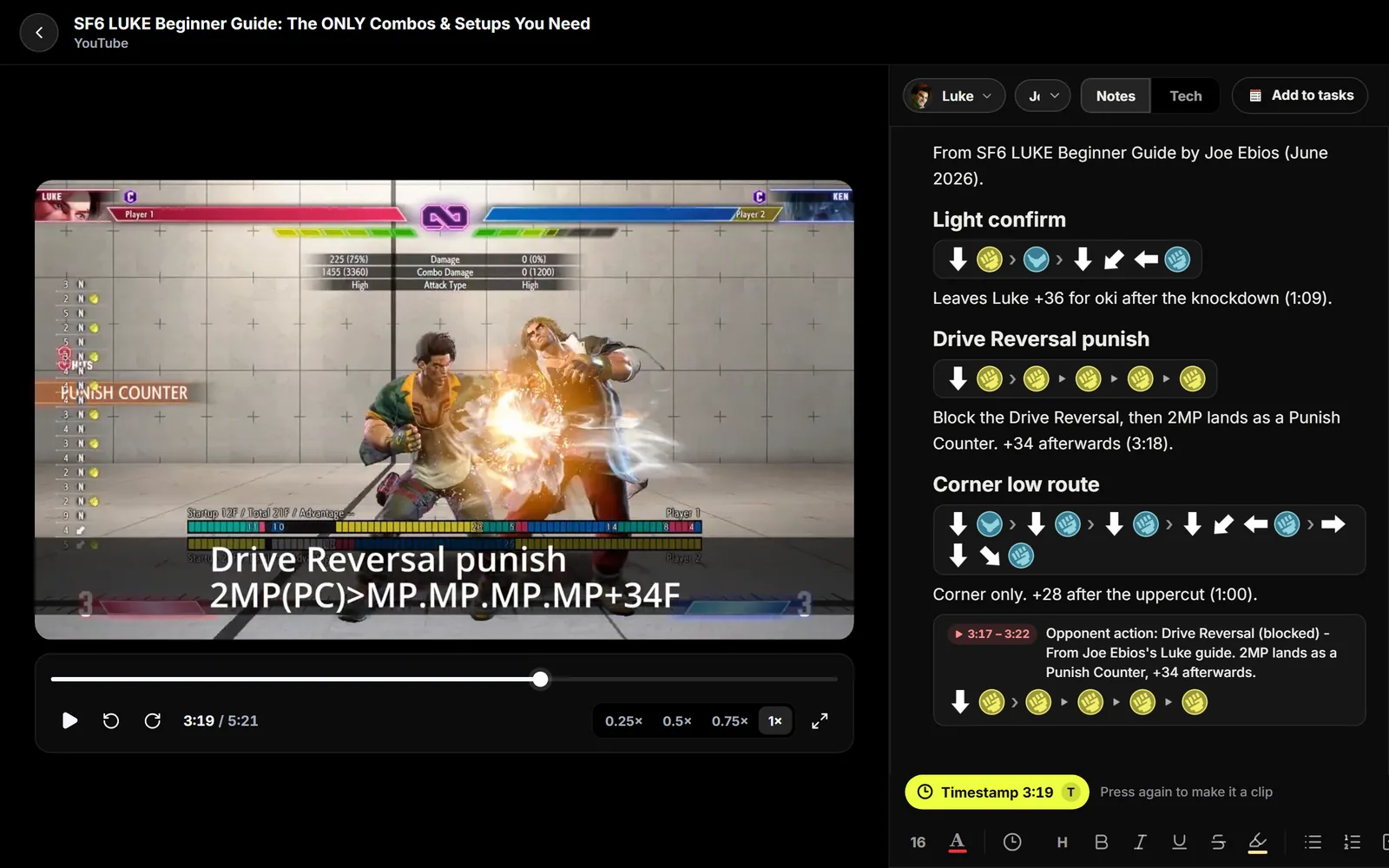 Study mode with Joe Ebios's Luke guide paused on a Drive Reversal punish and the Luke notebook beside it, including a saved 3:17 to 3:22 clip.