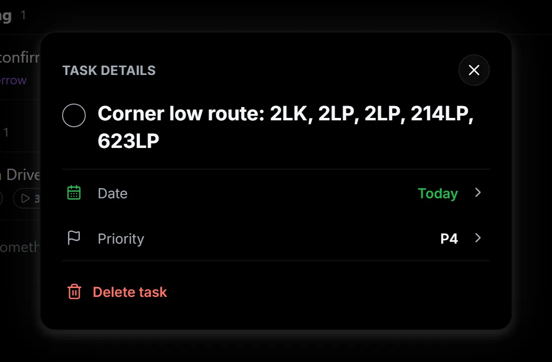 Task details window with the task name, Date, Priority and Delete task.