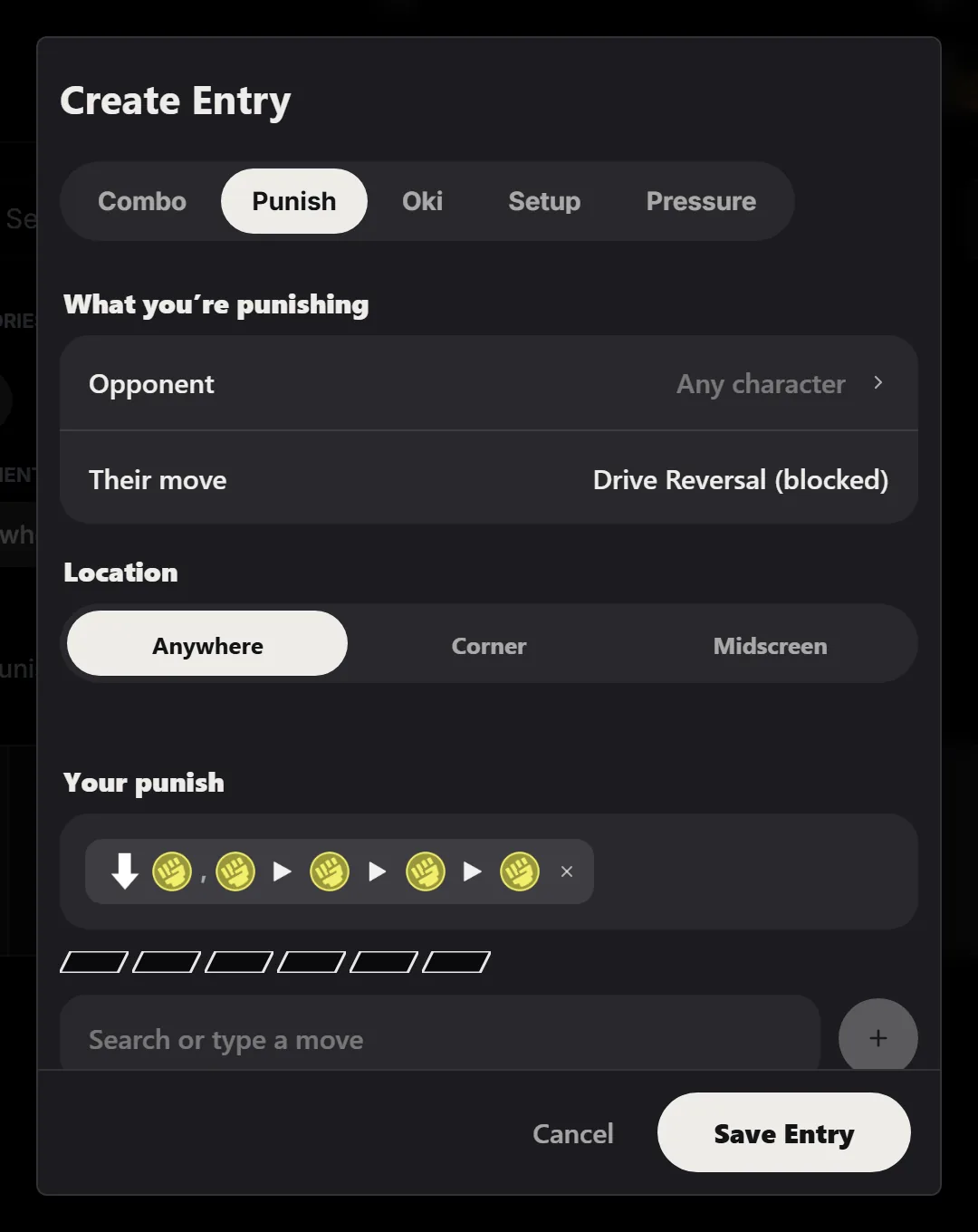 Create Entry form for a Punish of a blocked Drive Reversal with Luke's 2MP, MP > MP > MP > MP.