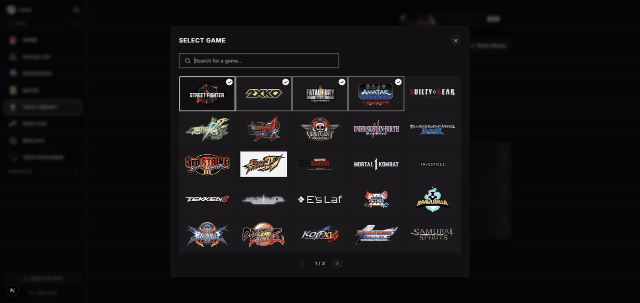 Select Game modal showing Street Fighter 6, Guilty Gear Strive, Tekken 8, and other fighting games.