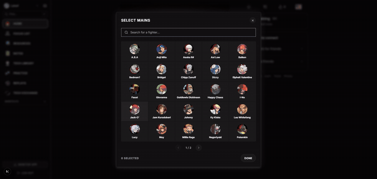 Select Mains modal showing the Guilty Gear Strive character roster.