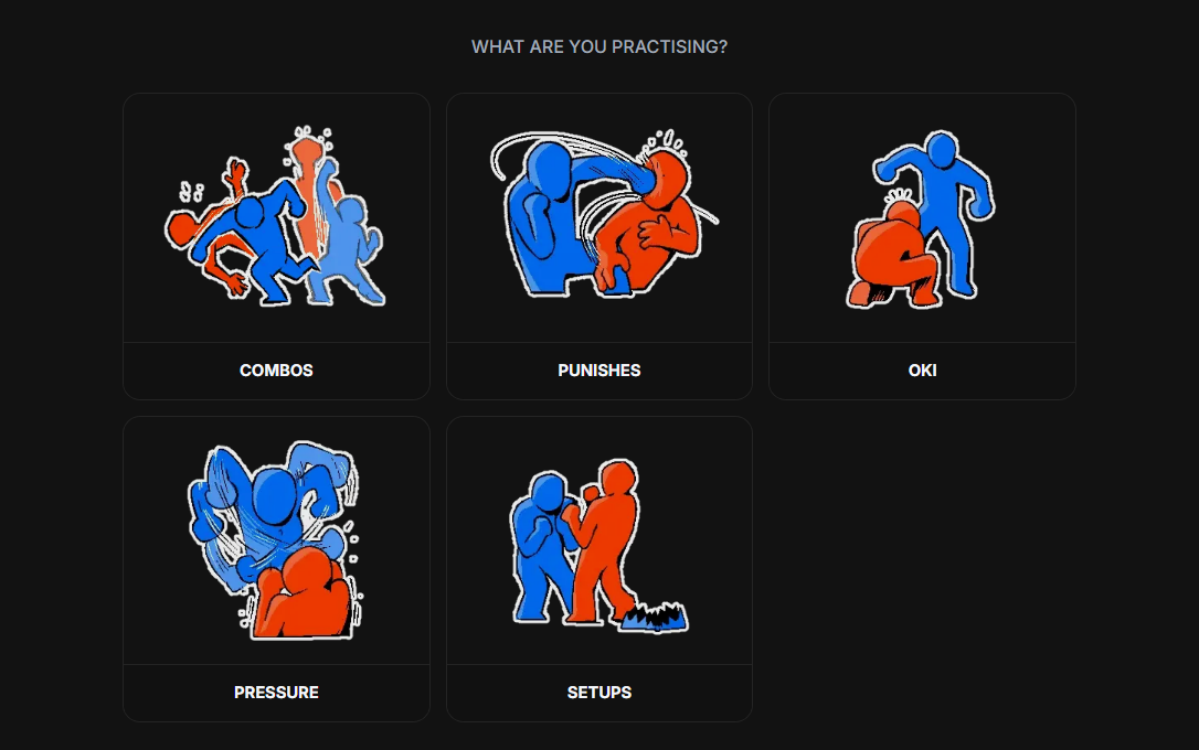 Tech Practice type chooser showing Combos, Punishes, Oki, Pressure, and Setups.