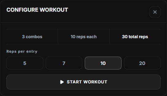 Tech Practice workout setup showing entries, repetitions, total repetitions, and the Start Workout button.