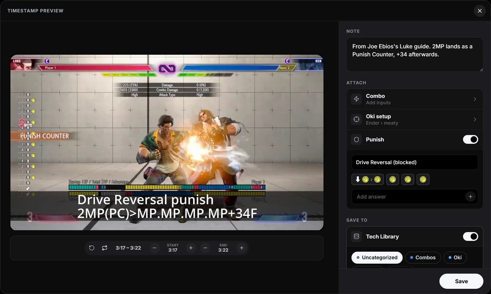 Timestamp Preview looping 3:17 to 3:22 of the Luke guide, where the video caption reads Drive Reversal punish, with Punish switched on and the answer 2MP, MP > MP > MP > MP.