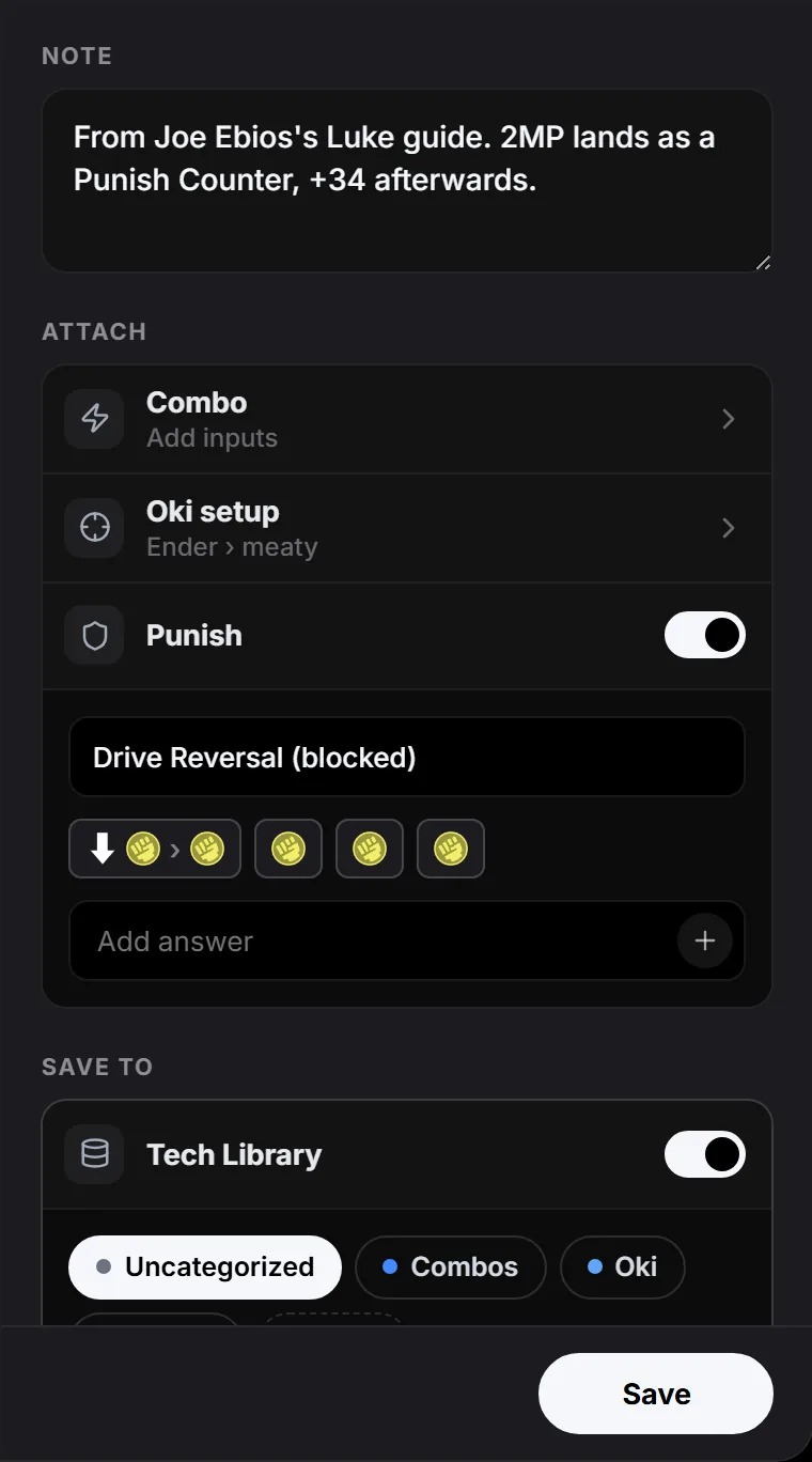 Save to Tech Library switched on below the punish details, with category choices and a Save button.